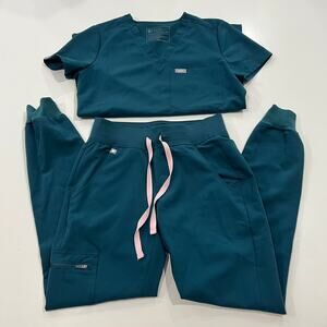 Figs Teal Joggers with Pink Accents